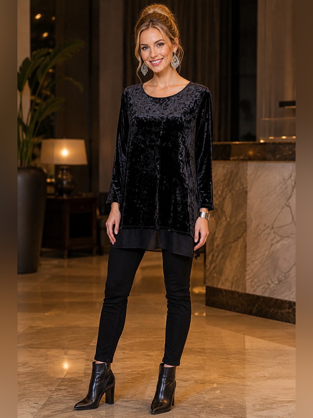 Coldwater Creek Chocolate Brown Crushed Velvet Chiffon Hem Tunic L